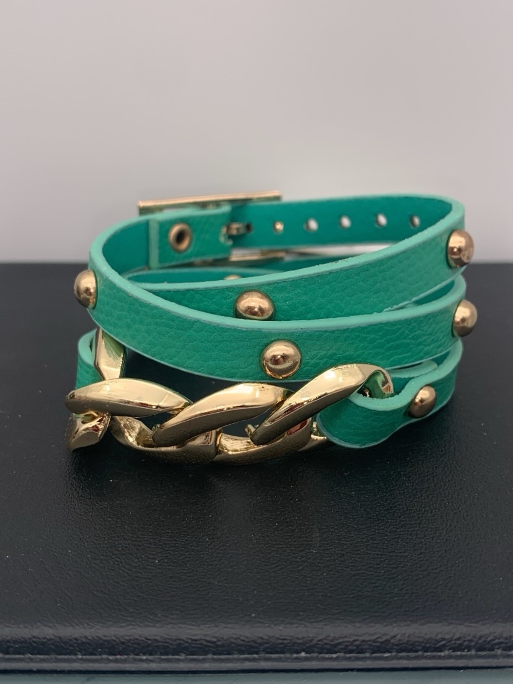 NWT Teal Green Wrap Bracelet with Gold tone Chain and Studs -